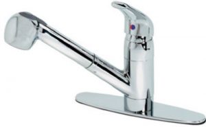 A shiny, modern chrome kitchen faucet with a single lever on a white background.