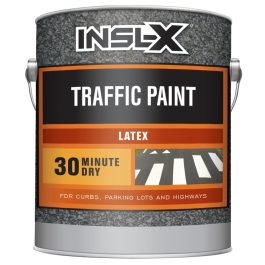 A can of INSL-X traffic paint, latex, with a 30-minute dry time for curbs, parking lots, and highways.
