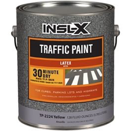 Can of INSL-X yellow latex traffic paint for curbs, parking lots, and highways.
