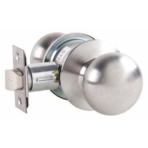 Stainless steel round door knob with keyhole on a white background.