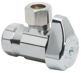 Chrome-plated quarter-turn angle stop valve for plumbing on white background.