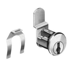 A metal cam lock and a separate keyhole fastener on a white background.