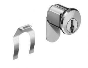 A split-example of a metallic door latch and accompanying strike plate.