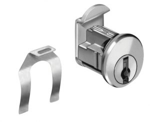 Metal cam lock with key slot shown alongside its corresponding key removal tool.