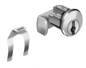 A metal cam lock beside its corresponding key, displayed on a white background.