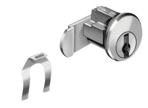 A metal cam lock and a key removal tool on a white background.