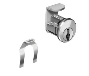 Cam lock cylinder and a separate keyhole cover on a white background.