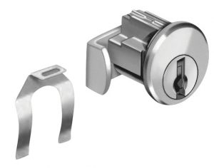 A metal cam lock with a matching key tool on a white background.