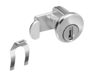 A metal barrel key lock cylinder with an attached cam lever and separate latch piece.