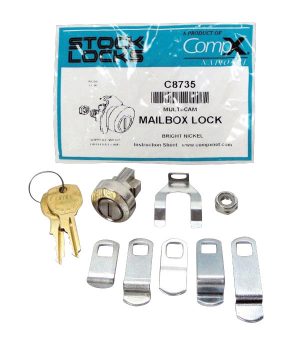 Packaged multi-cam mailbox lock and keys with mounting hardware displayed.