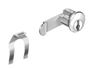 Cam lock and key with a metal bracket on a white background.