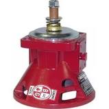 Red hydraulic bottle jack for vehicle lifting.