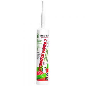 A tube of hybrid adhesive sealant labeled 'Hybri-Fix SUPER' by Den Braven.