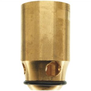 Close-up of a brass garden hose nozzle with a black rubber washer.