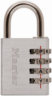 A combination padlock with visible brand "Master" and scrambled letters on dials.