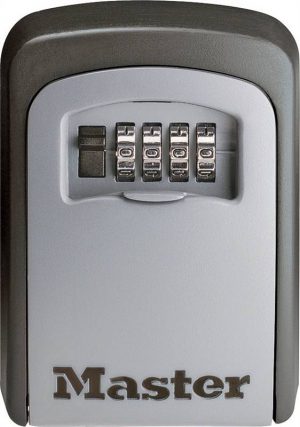 A wall-mounted key safe box with a combination lock and brand logo.