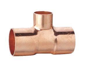 Copper tee fitting for plumbing on a plain background.