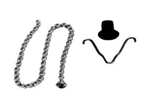 Stylized black and white images of a pearl necklace and a bowler hat with a mustache.