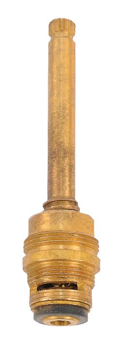 Brass faucet valve cartridge isolated on a white background.
