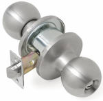 Stainless steel doorknob with lock mechanism on white background.