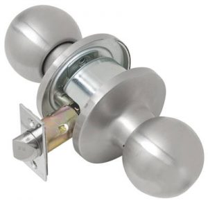 Stainless steel spherical doorknob with latch mechanism on a white background.