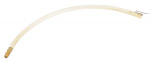 A curved beige rubber hose with a metal connector on a white background.