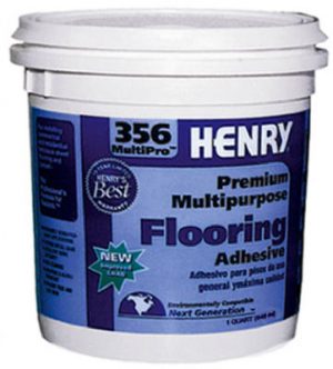 A white plastic bucket of Henry 356 MultiPro premium multipurpose flooring adhesive.