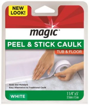 Package of white Magic Peel & Stick Caulk for tub and floor with a hand application demonstration.
