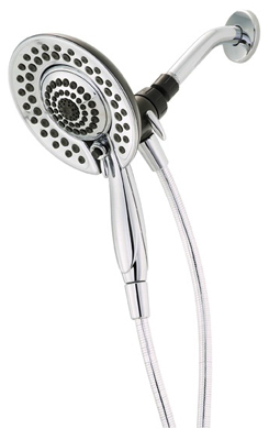 Handheld showerhead with a hose attached to a wall fixture.