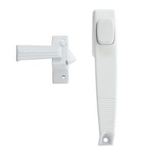 White sliding door handle and lock assembly isolated on a white background.
