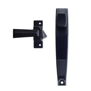 Black door handle with a modern design on a white background.
