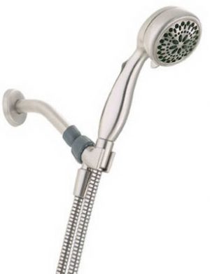 Wall-mounted showerhead with hose on a white background.