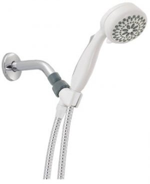 A wall-mounted adjustable showerhead with a flexible hose and multiple nozzles.