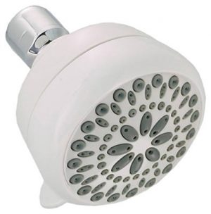 A modern white showerhead with multiple nozzles, isolated on a white background.