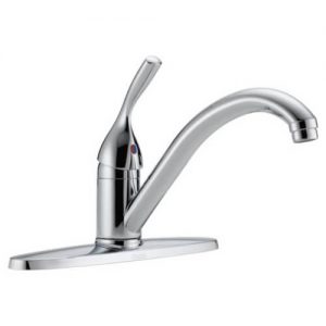 A shiny chrome single-handle kitchen faucet against a white background.