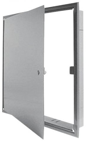 Metal access panel open halfway, showing hinge detail and wall embedding structure.