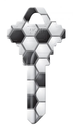 A stylized key with hexagonal patterns in a monochrome color scheme.