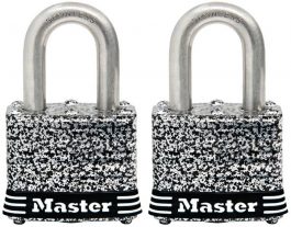 Two Master brand stainless steel padlocks on a white background.