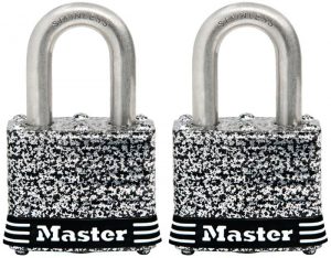Two Master brand stainless steel padlocks on a white background.