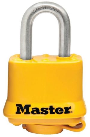 A yellow padlock with a stainless steel shackle on a white background.