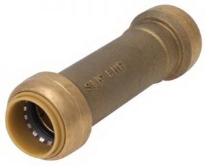 A brass push-to-connect plumbing fitting with a slip end.
