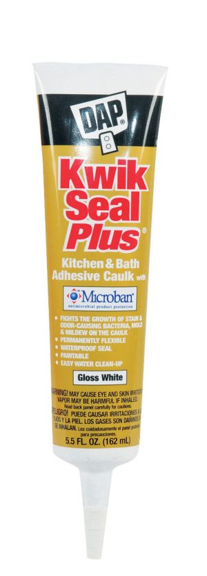 Tube of Kwik Seal Plus kitchen and bath adhesive caulk with Microban in gloss white.
