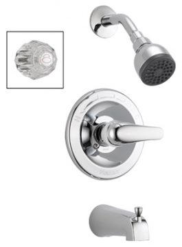 A showerhead, faucet handle, and spout in separate images, with a small valve inset.