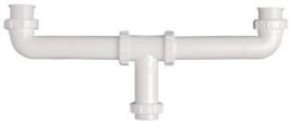 White PVC sink drain pipe with dual connections on a white background.