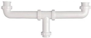 White PVC sink drain pipe with dual connections on a white background.