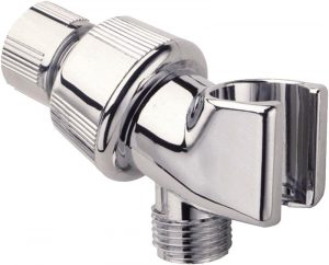 Chrome showerhead diverter valve on white background.