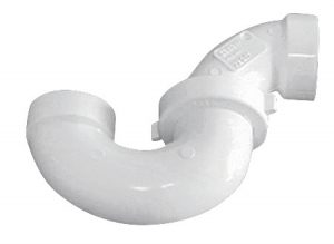 White PVC P-trap pipe fitting for plumbing on a plain background.