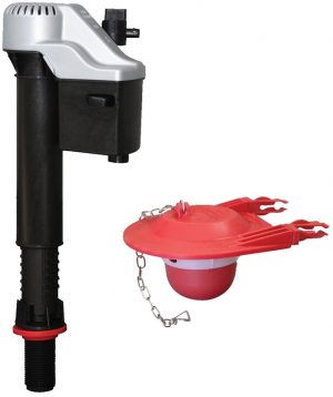 A black and silver plastic automatic livestock waterer with a red float.