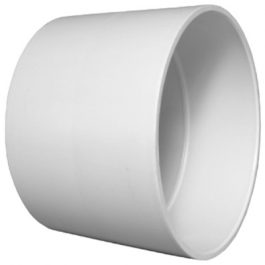 A white PVC pipe coupling on a white background.
