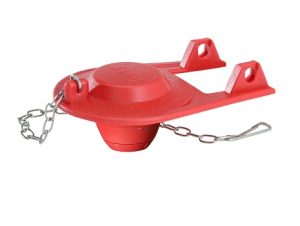 Red plastic toilet flapper with chain on a white background.